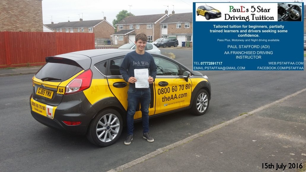 First Time Test Pass Pupil Liam james jordan with Pauls 5 Star Driving Tuition